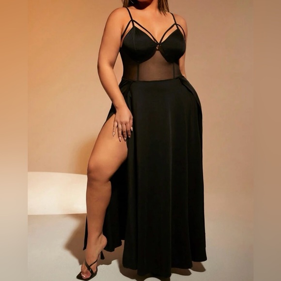 Plus Size Sheer Mesh Lace High Slit Maxi Dress Black - Picture 2 of 5